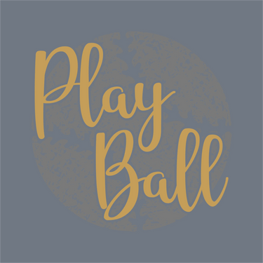 The Play Ball Script Circle DTF Transfer by InkMerge features yellow script text over a textured gray circle, creating a distressed baseball look—perfect for heat press projects and ready to press onto your favorite items.